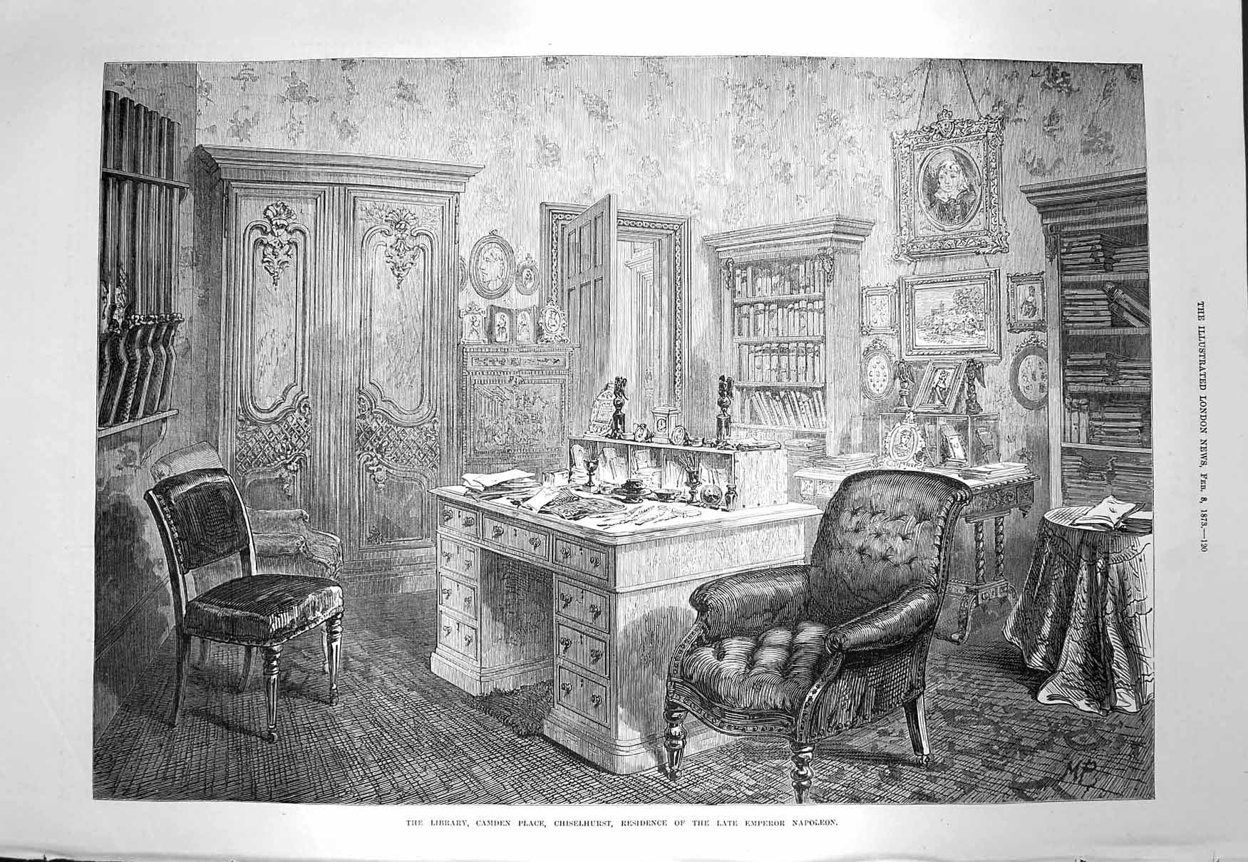 Old Antique Print 1873 Library Camden Place Chiselhurst Emperor Napoleon 19th