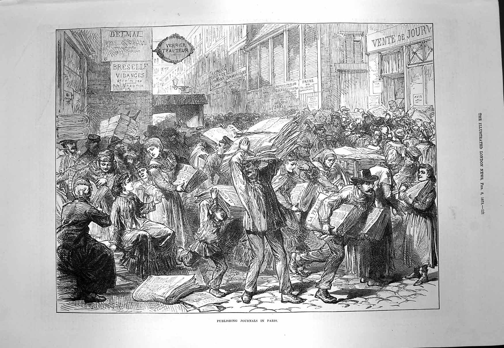 Old Antique Print 1873 Scene Publishing Journals Paris France Newspapers 19th