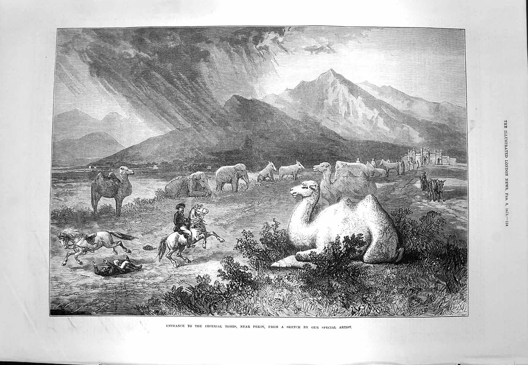 Original Old Antique Print 1873 Entrance Imperial Tombs Pekin Camels Elephants