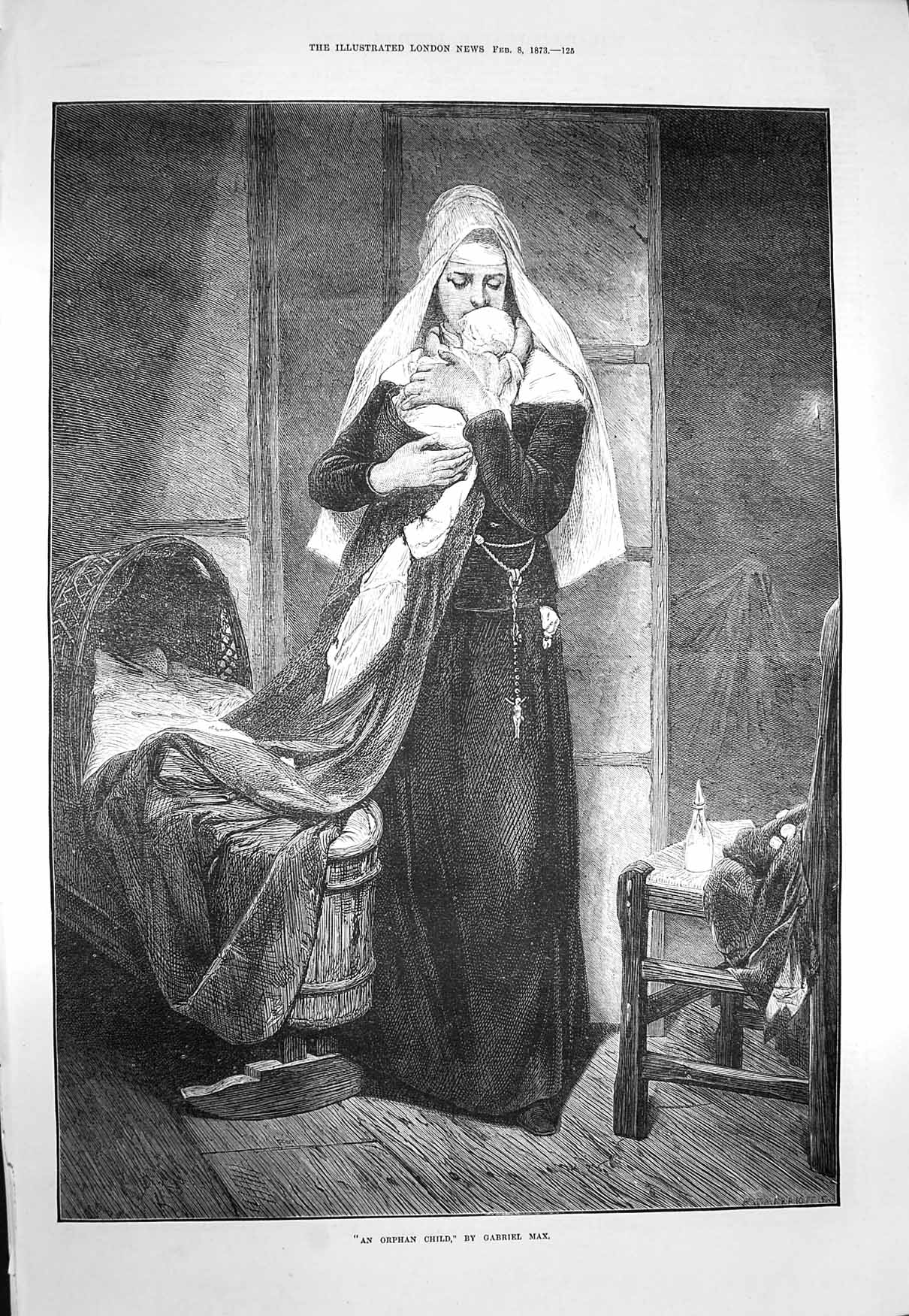Original Old Antique Print 1873 Orphan Child Baby Crib Nun Gabriel Max F 19th