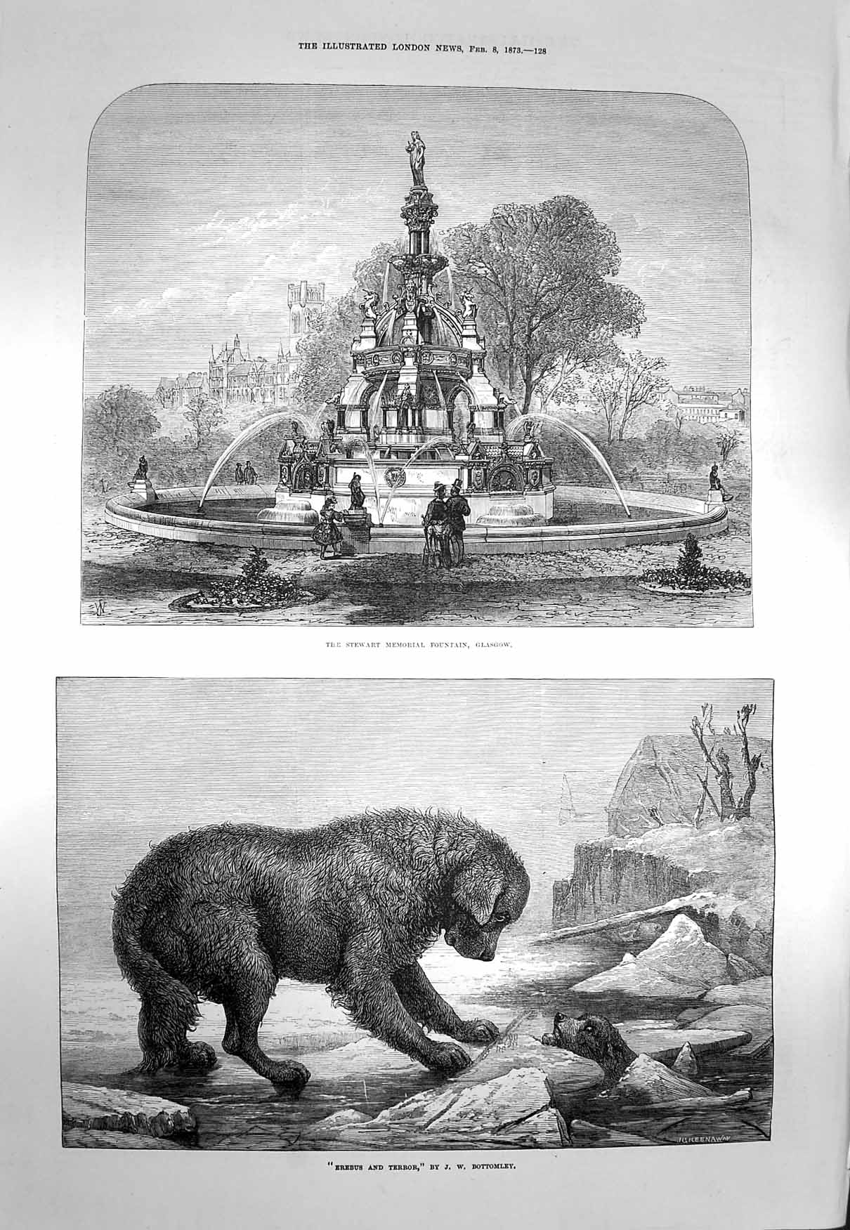 Old Antique Print 1873 Stewart Memorial Fountain Glasgow Dogs Ice River 19th
