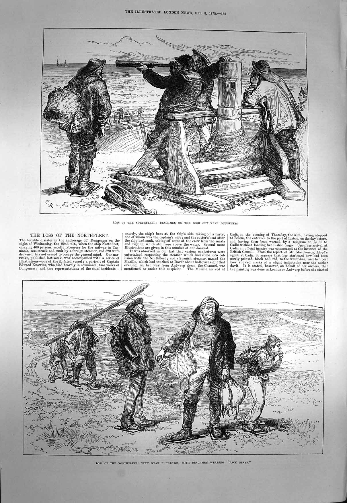 Old Antique Print 1873 Loss Northfleet Ship Dungeness Murillo Gibraltar 19th