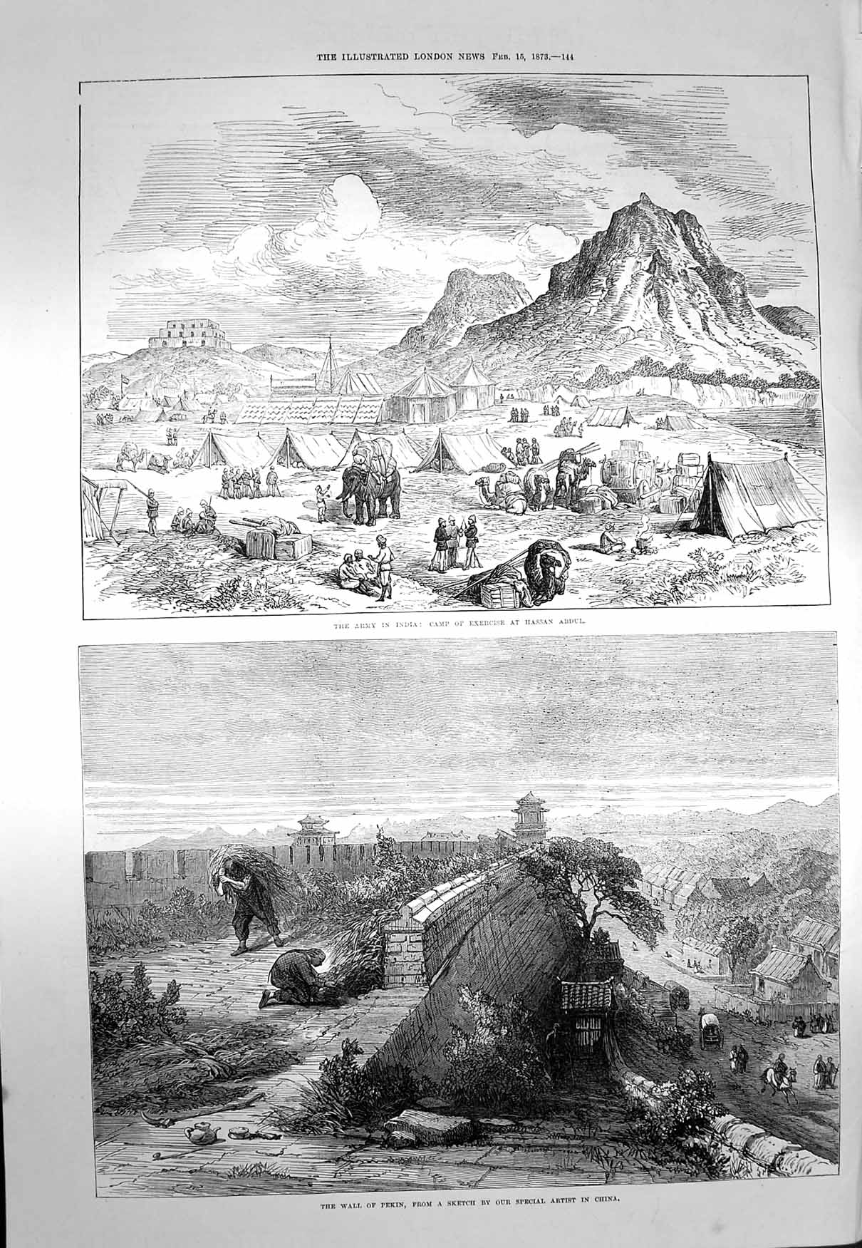 Old Antique Print 1873 Army India Exercise Camp Hassan Abdul Wall Pekin 19th