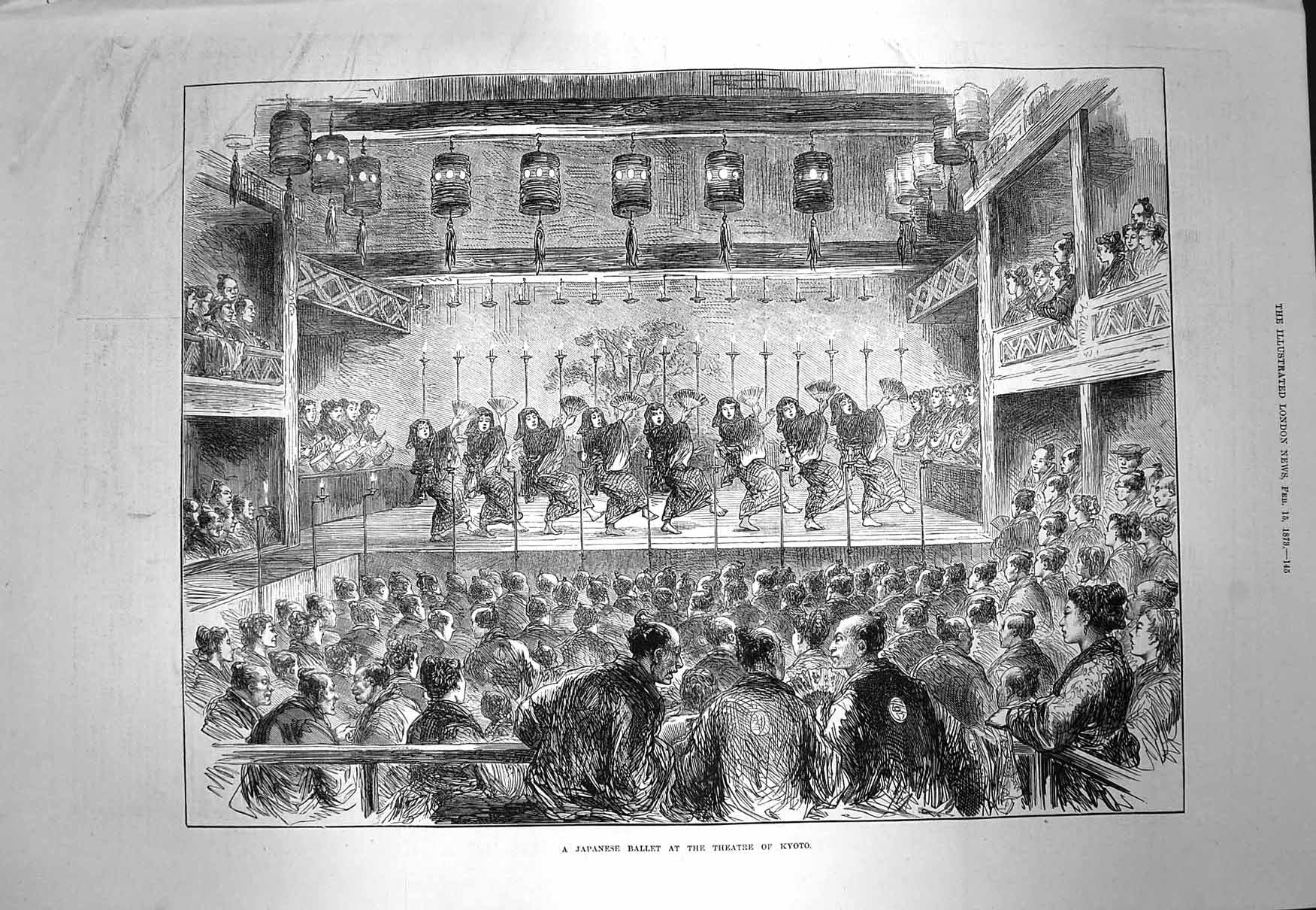 Original Old Antique Print 1873 Japanese Ballet Theatre Kyoto Dancers Audience