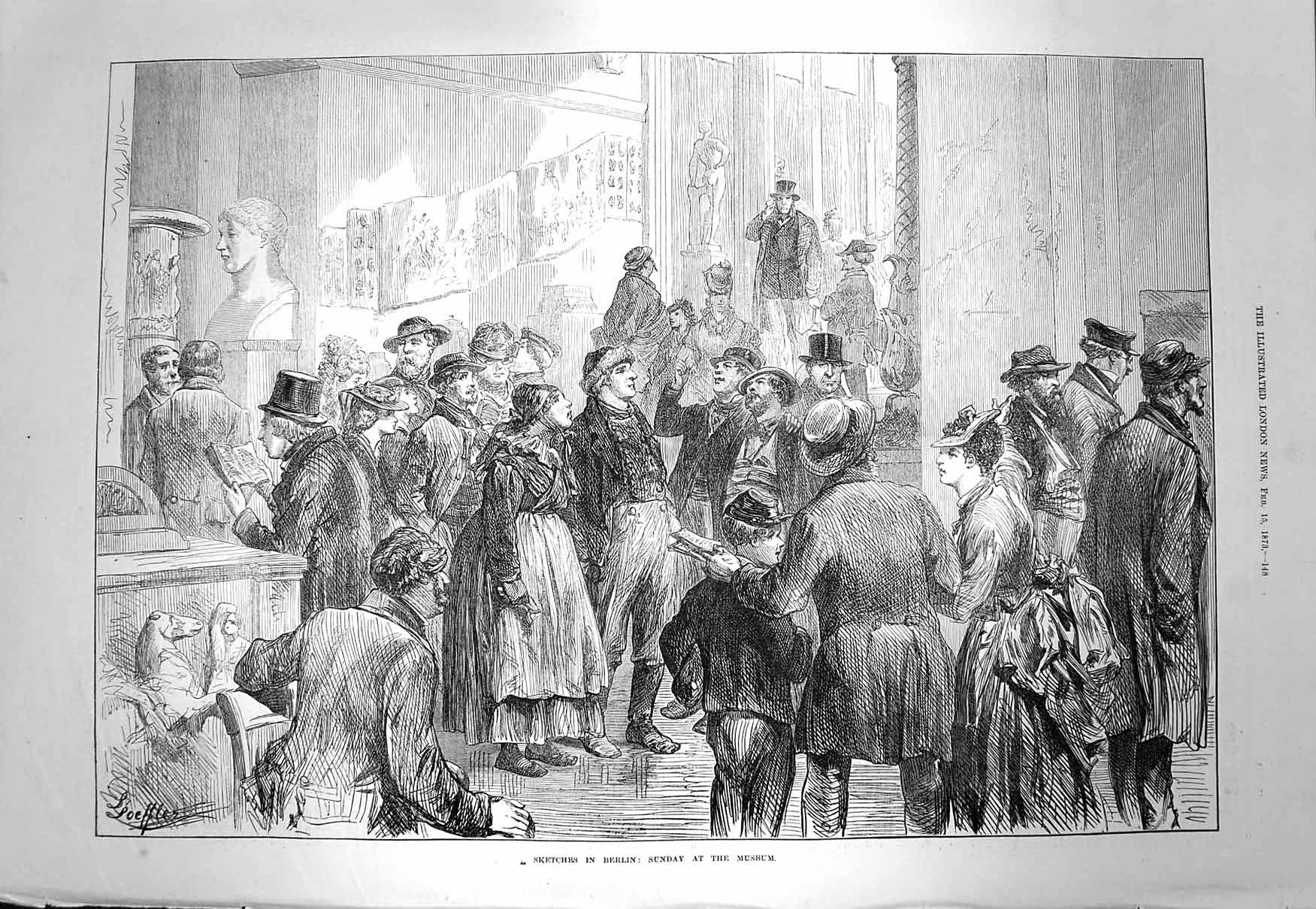 Old Antique Print 1873 Scene Berlin Germany Sunday Museum Art Sculpture 19th