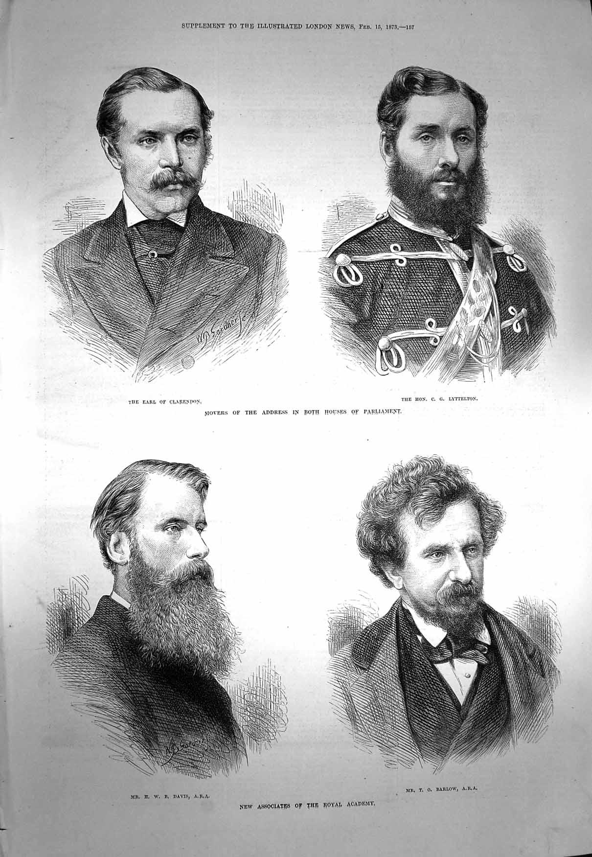 Original Old Antique Print 1873 Earl Clarendon Lyttelton Davis Barlow Academy