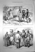 Original Old Antique Print 1873 Galway Boys Claddagh Men Women 19th