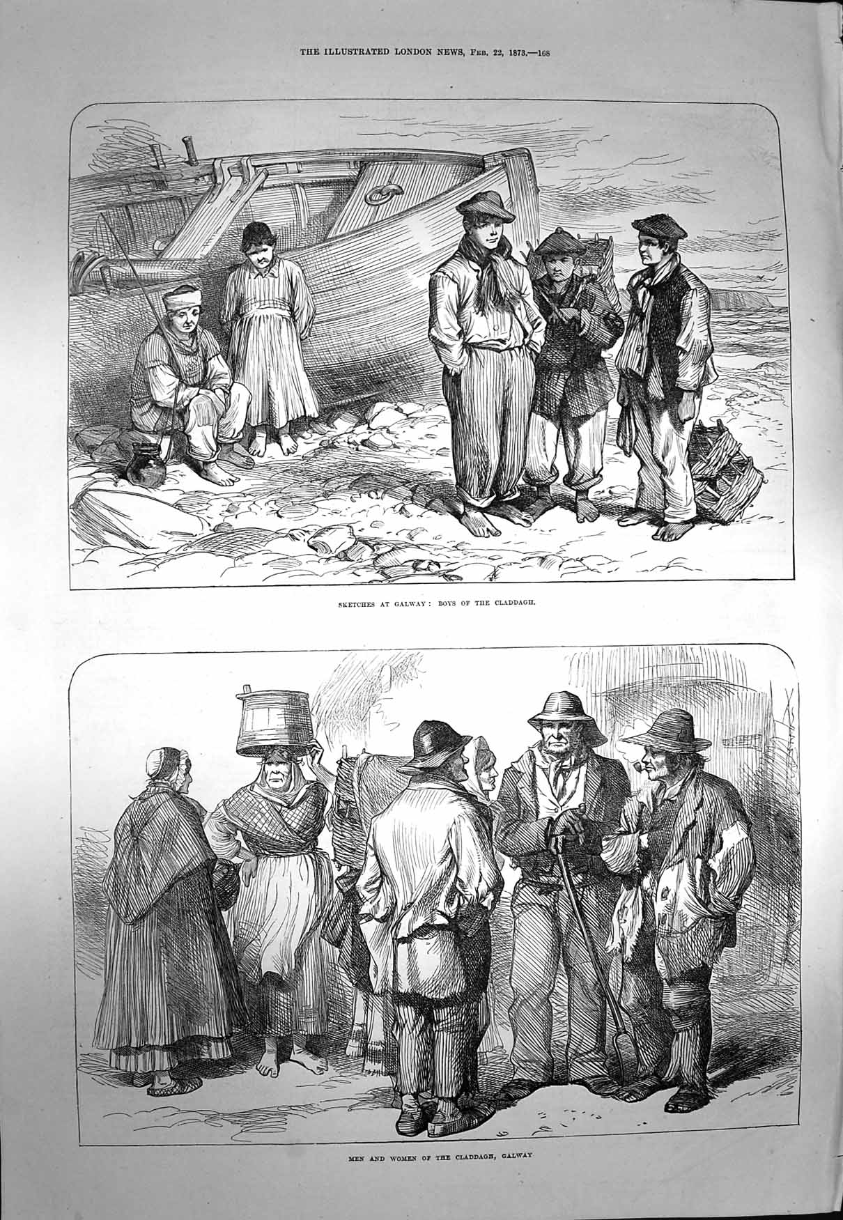 Original Old Antique Print 1873 Galway Boys Claddagh Men Women 19th