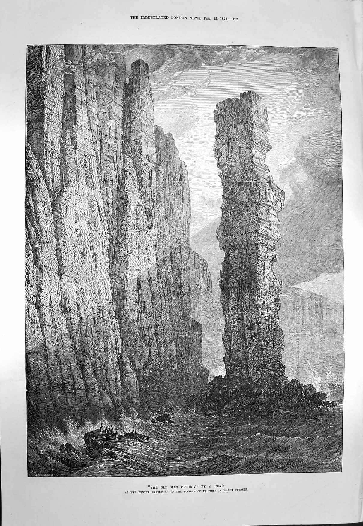 Original Old Antique Print 1873 Man Hoy Rocks Orkney Islands Sea Bir Victorian