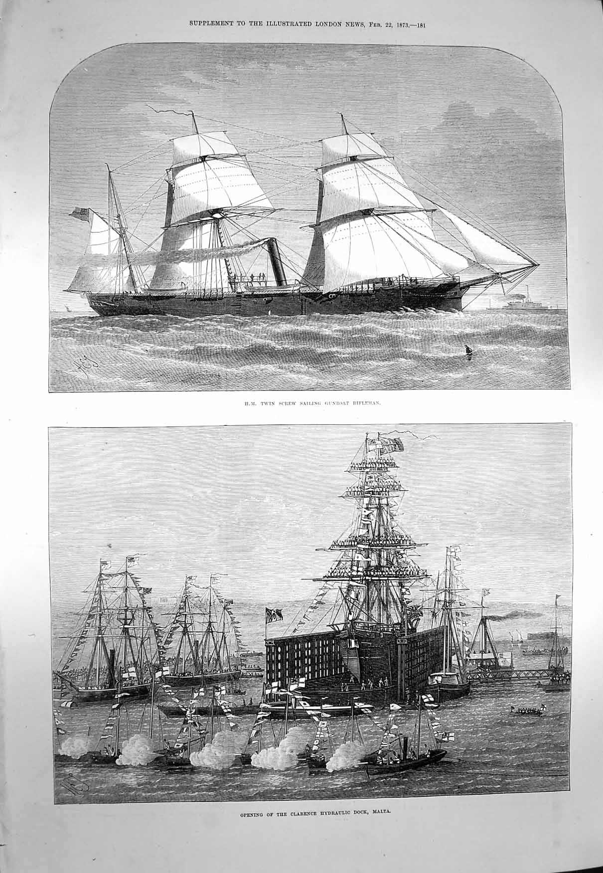 Old Antique Print 1873 Ship Screw Gunboat Reifleman Clarence Dock Malta 19th