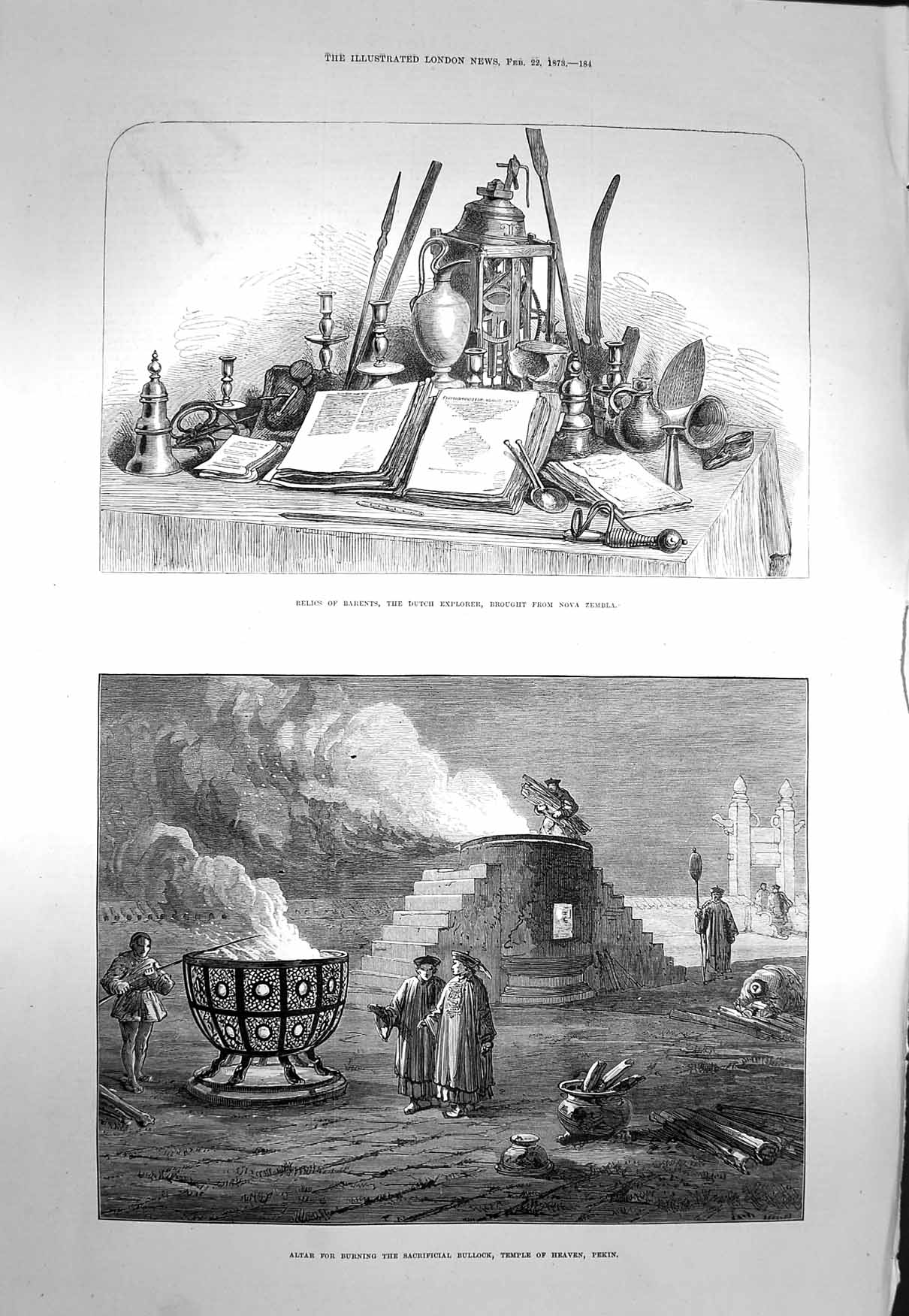 Original Old Antique Print 1873 Relics Barents Dutch Zembla Altar Bullock Pekin