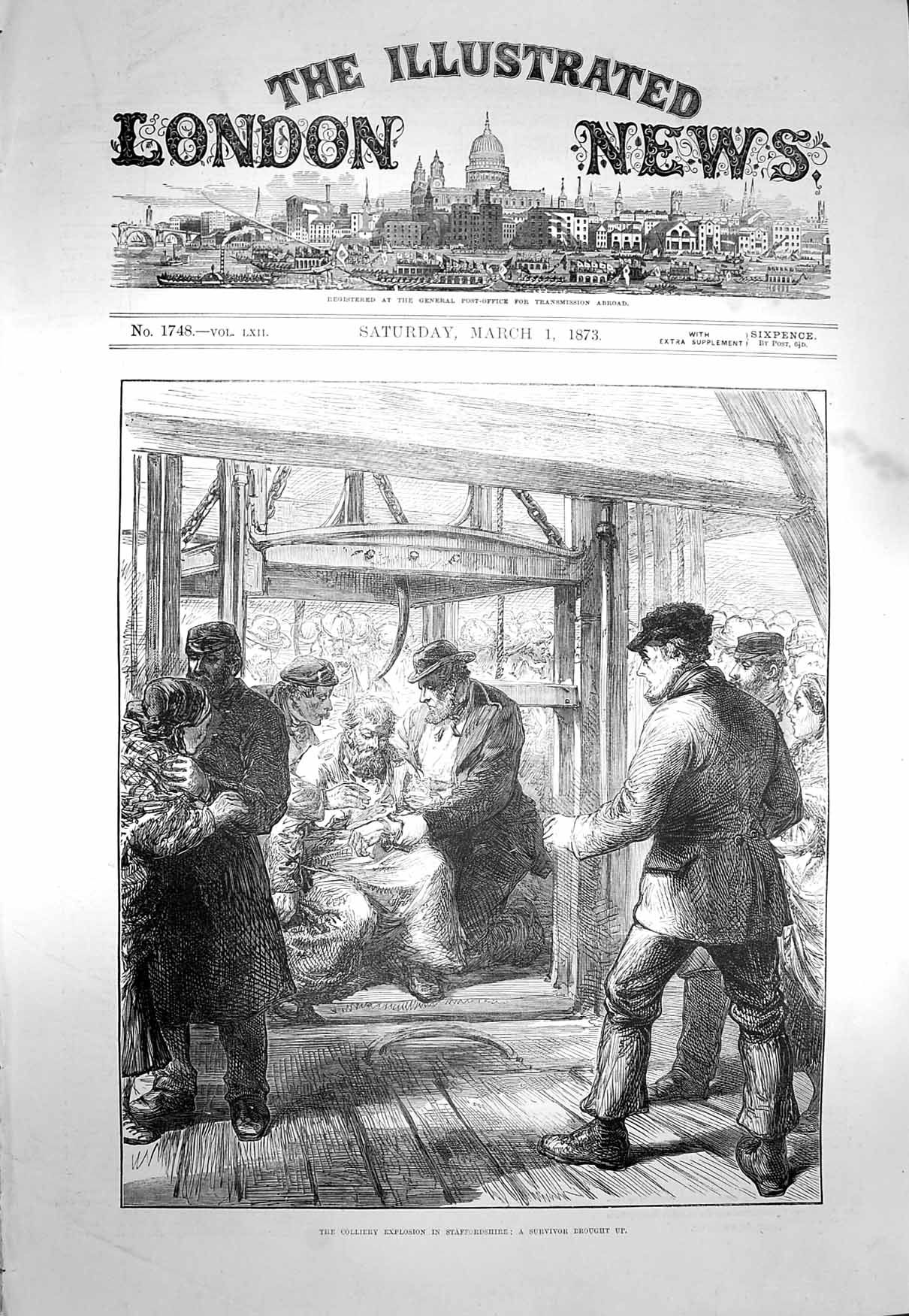 Original Old Antique Print 1873 Colliery Explosion Staffordshire Survivor Life
