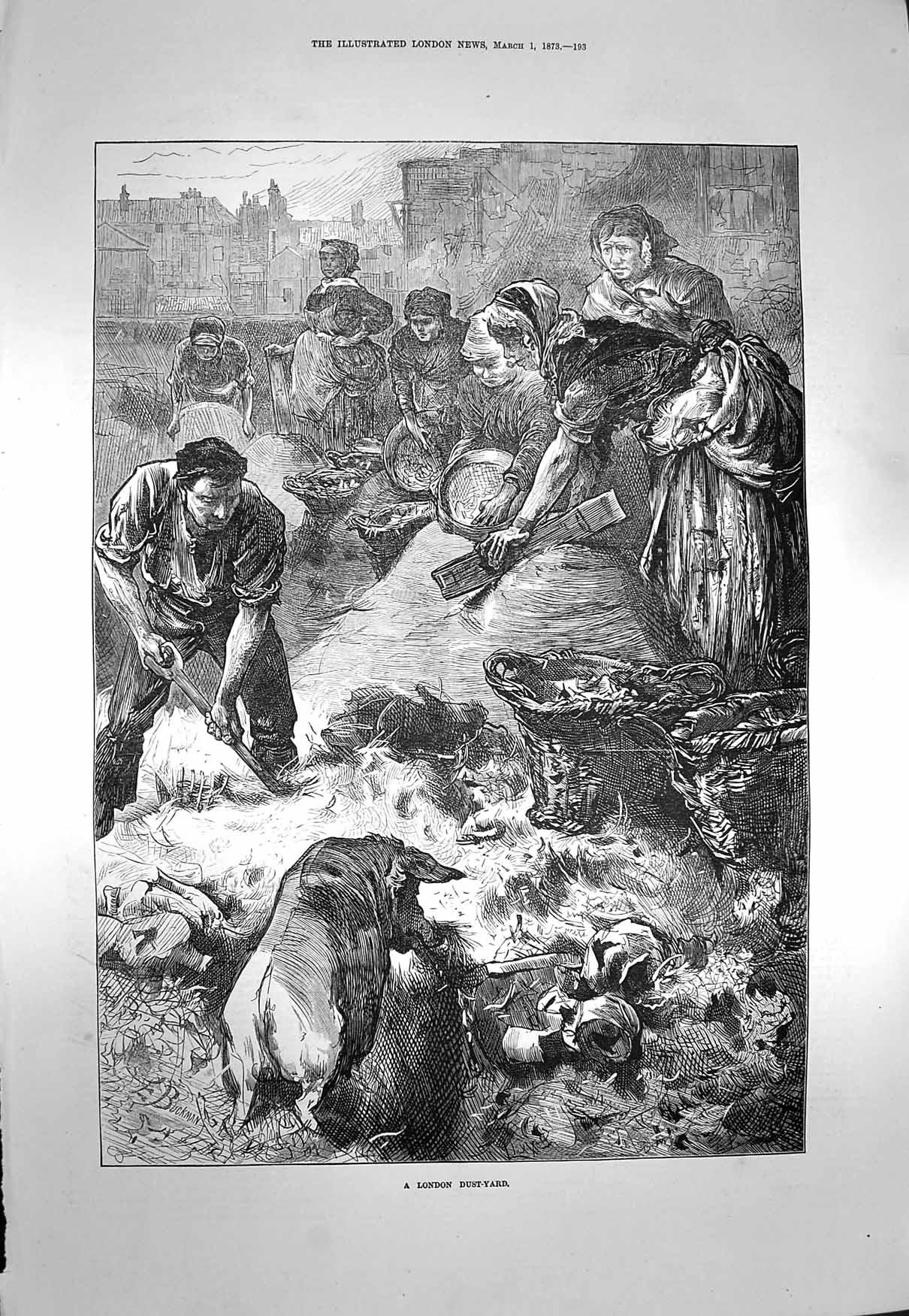 Old Antique Print 1873 Scene London Dust Yard Pigs Poor People Fine Art 19th