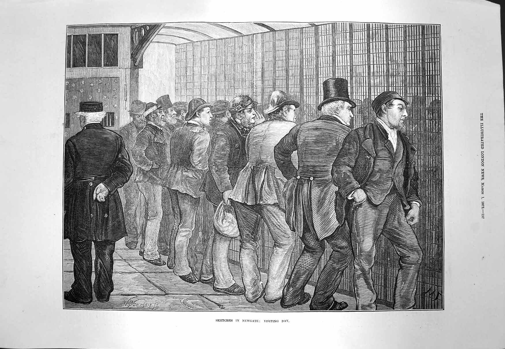 Original Old Antique Print 1873 Scene Newgate Prison Visiting Day Polic 19th