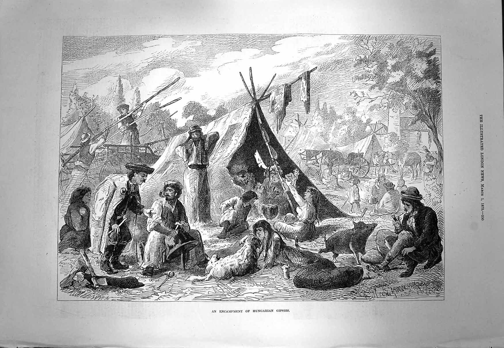Original Old Antique Print 1873 Encampment Hungarian Gipsies Tents Dog Pigs