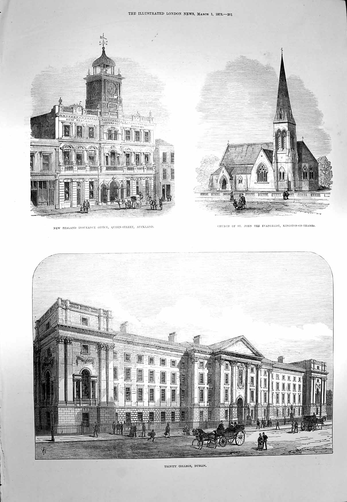 Original Old Antique Print 1873 Trinity College Dublin Church Zealand Insurance
