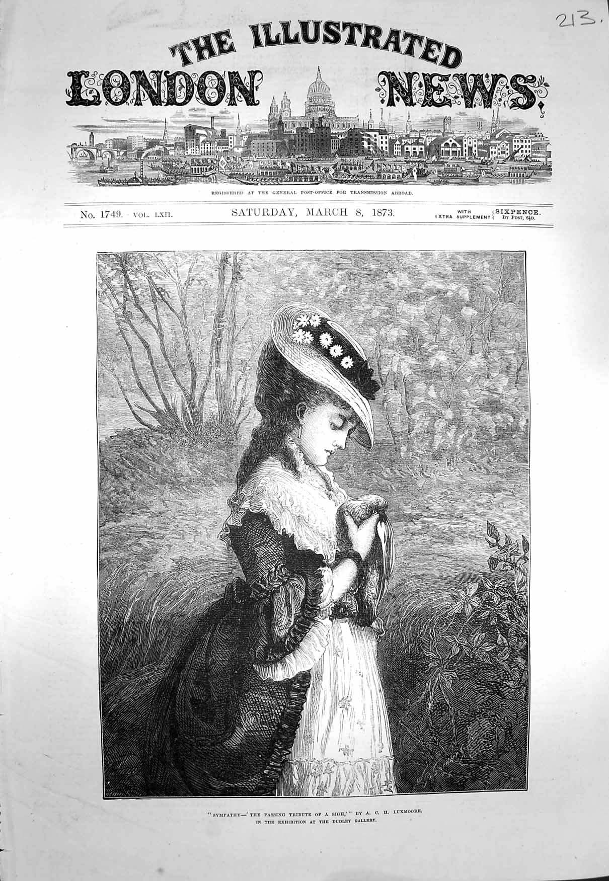 Original Old Antique Print 1873 Sympathy Girl Dead Bird Fine Art Luxmoore 19th