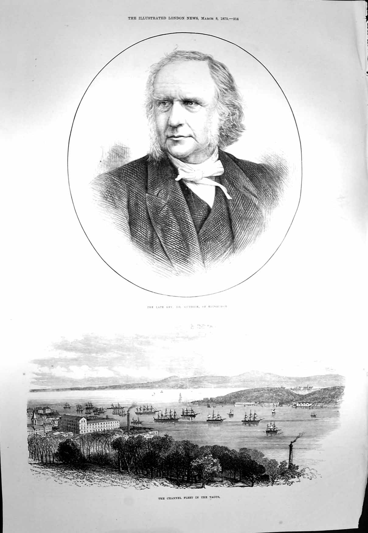 Original Old Antique Print 1873 Dr. Guthrie Edinburgh Channel Fleet Ships Tagus