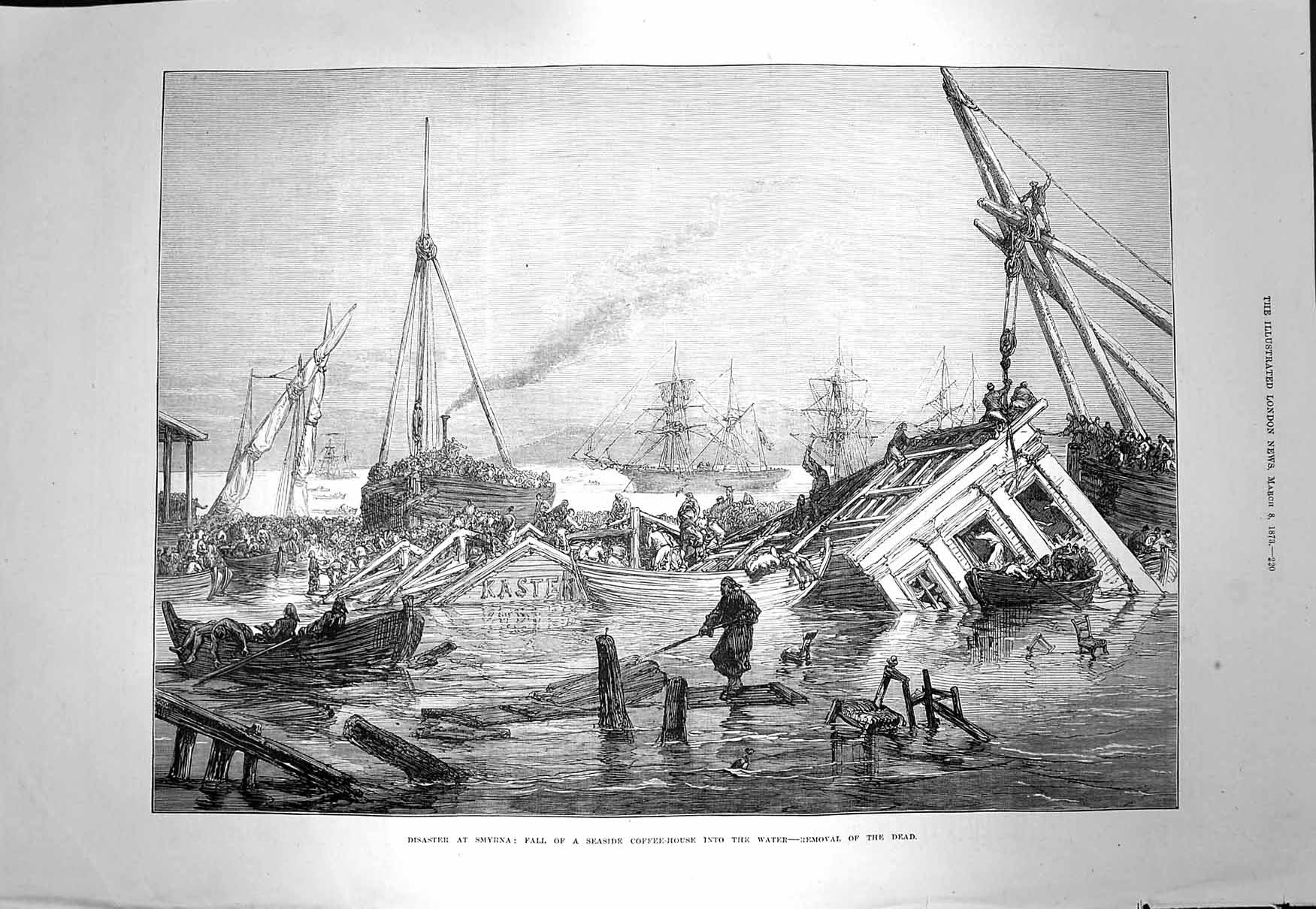 Old Antique Print 1873 Disaster Smyrna Fall Coffe House River Sea Boats 19th