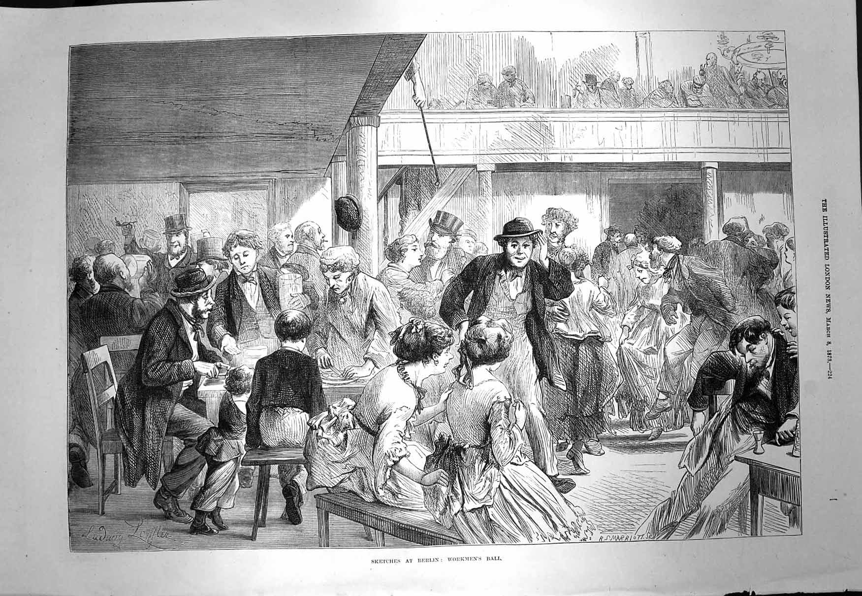 Original Old Antique Print 1873 Scene Berlin Germany Workmen'S Ball Romance