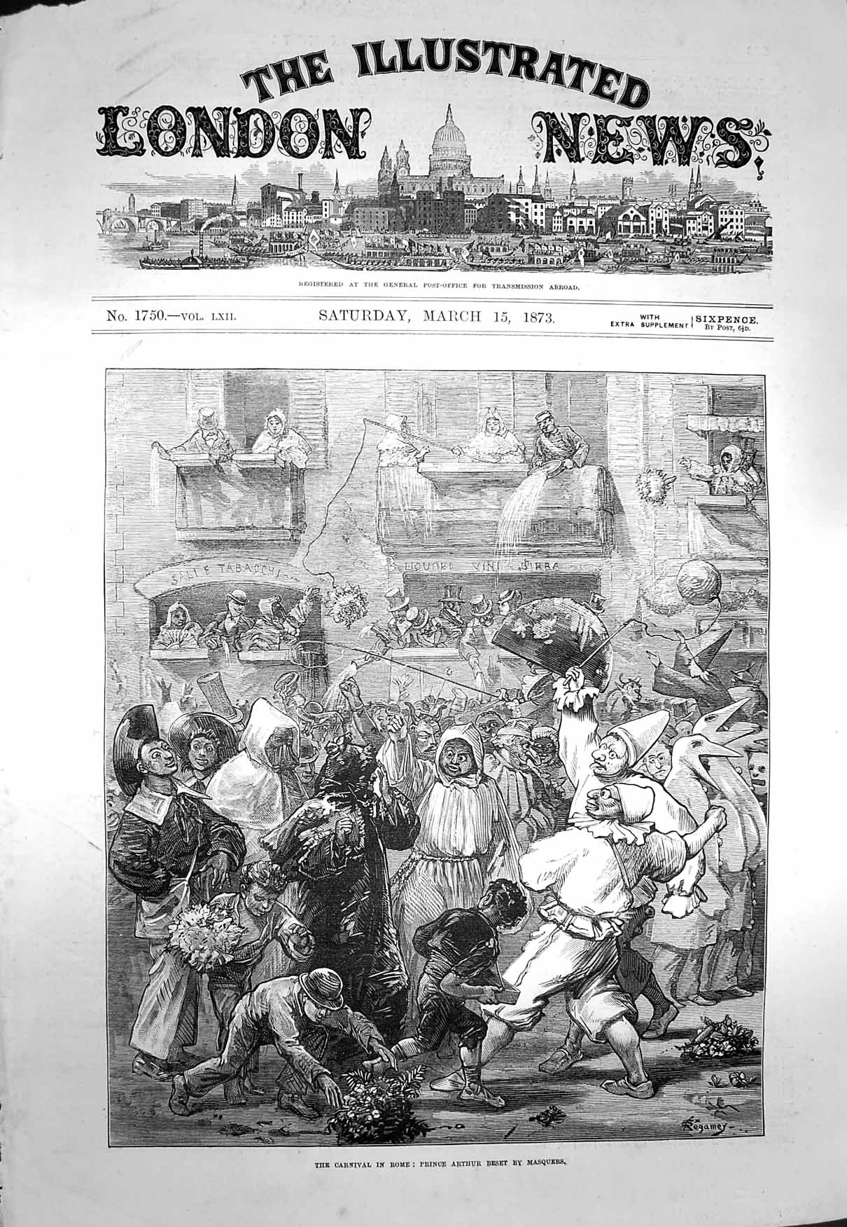 Original Old Antique Print 1873 Carnival Rome Prince Arthur Masquers Costumes
