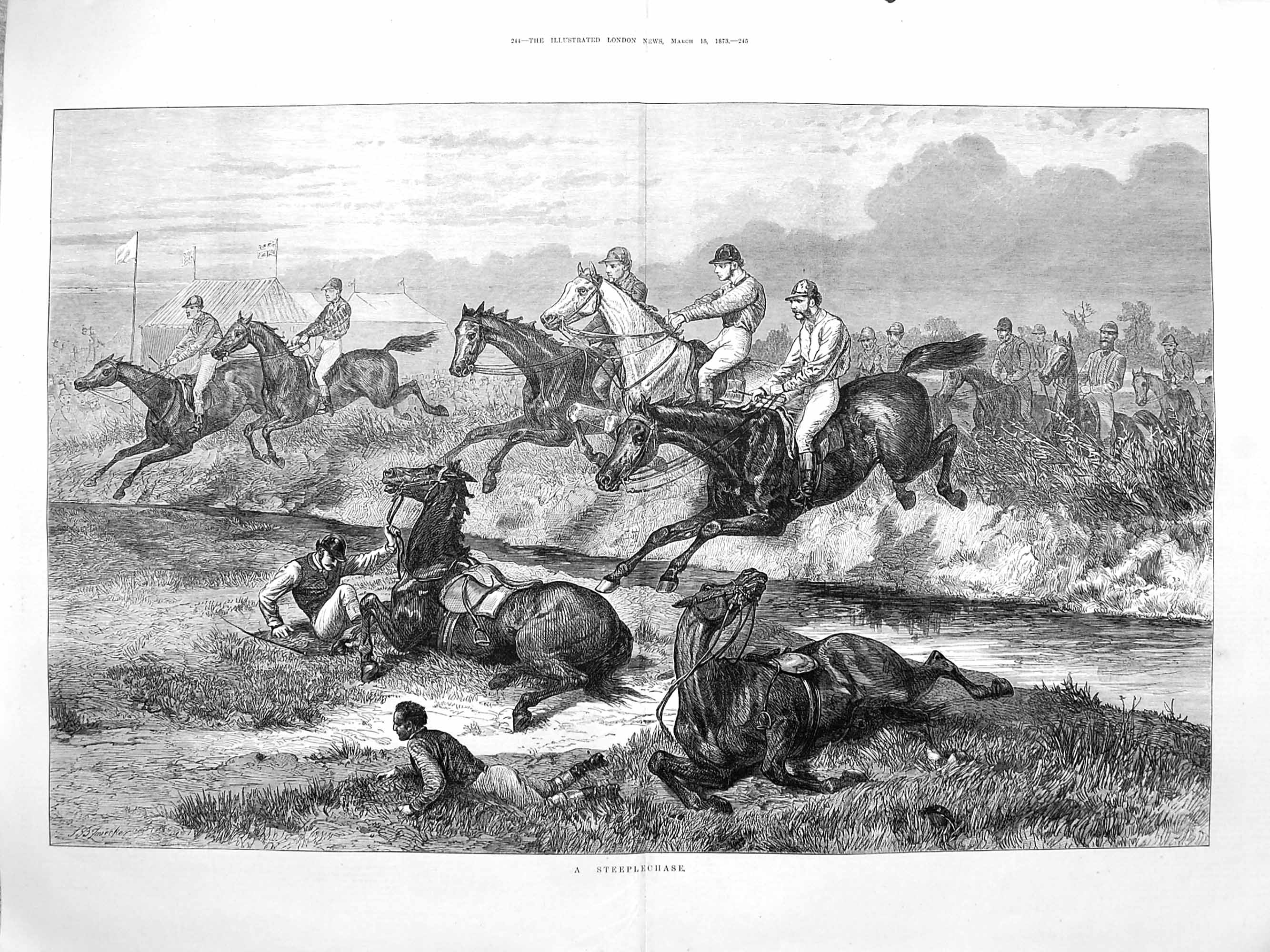 Original Old Antique Print 1873 Steeplechase Horses Jumping Jockeys Sport 19th