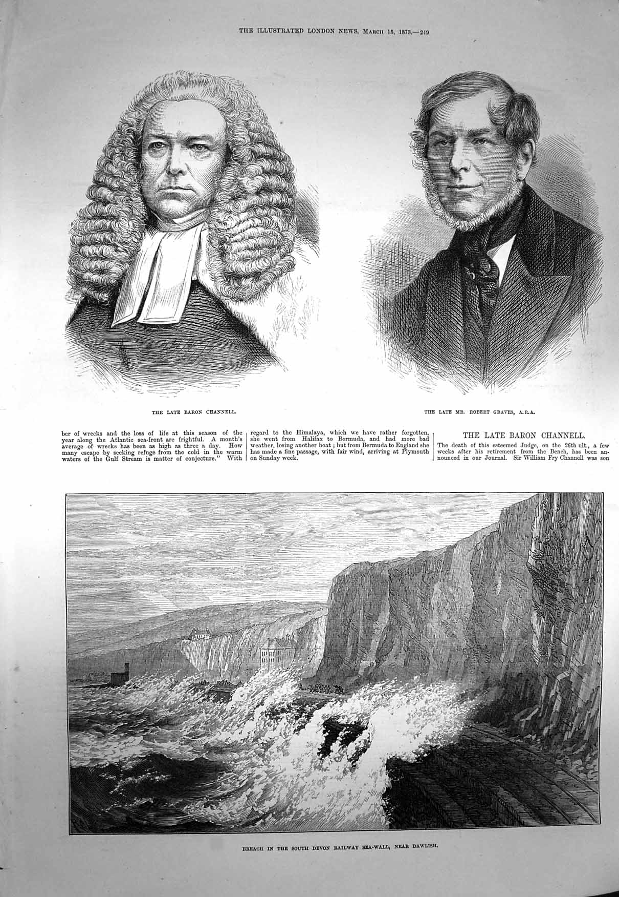 Old Antique Print 1873 Baron Channell Robert Graves Breach Devon Sea-Wall 19th