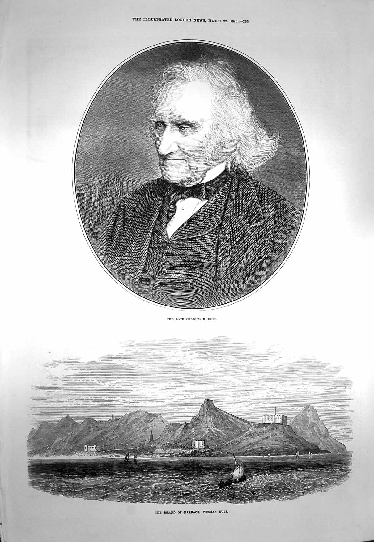 Original Old Antique Print 1873 Charles Knight Island Karrack Persian Gulf 19th