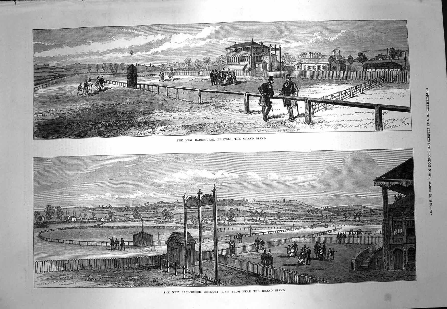 Old Antique Print 1873 Racecourse Britsol Grand Stand Bristol Sport Horse 19th