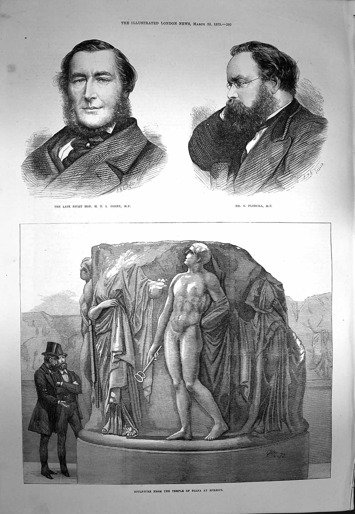 Original Old Antique Print 1873 Corry Plimsoll Sculpture Temple Diana Ephesus