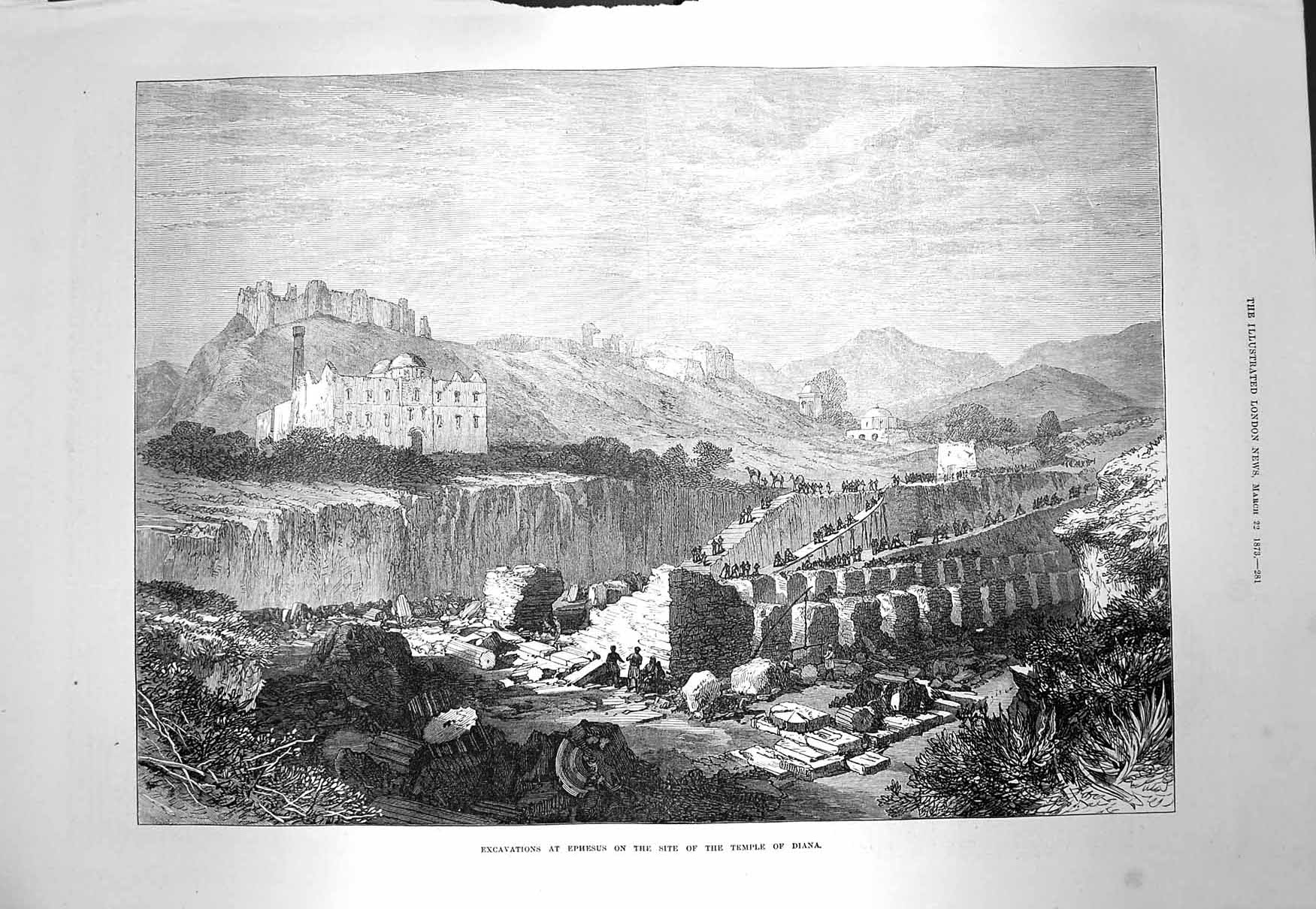 Original Old Antique Print 1873 Excavations Ephesus Temple Diana Archaeol 19th