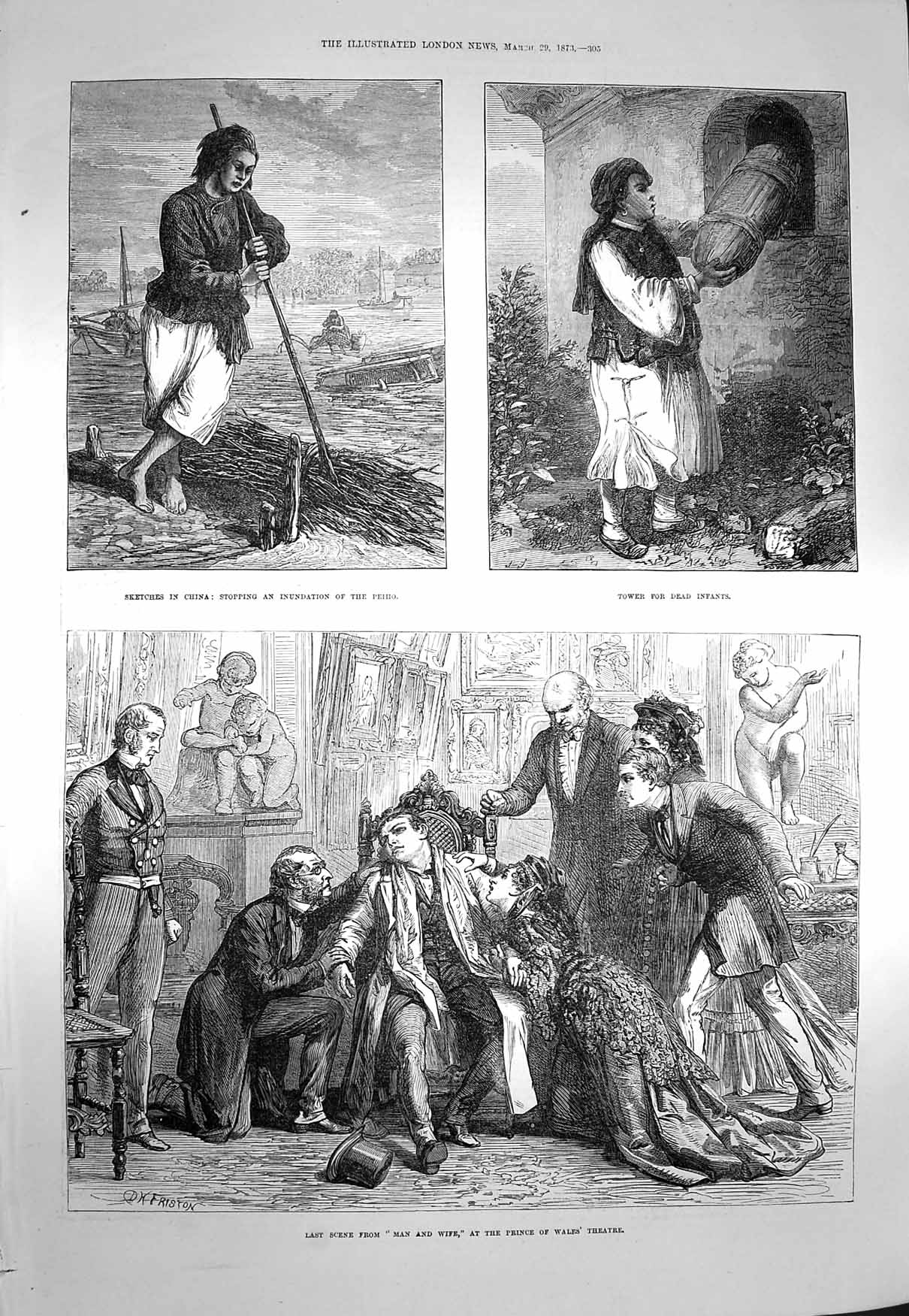 Original Old Antique Print 1873 China Floods Peiho Tower Dead Infants Theatre