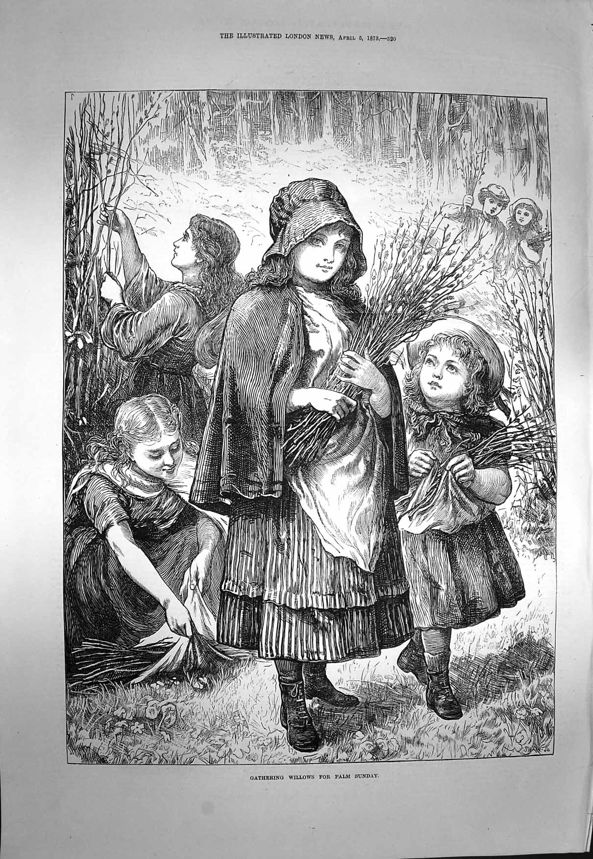 Original Old Antique Print 1873 Gathering Willows Palm Sunday Children Flowers