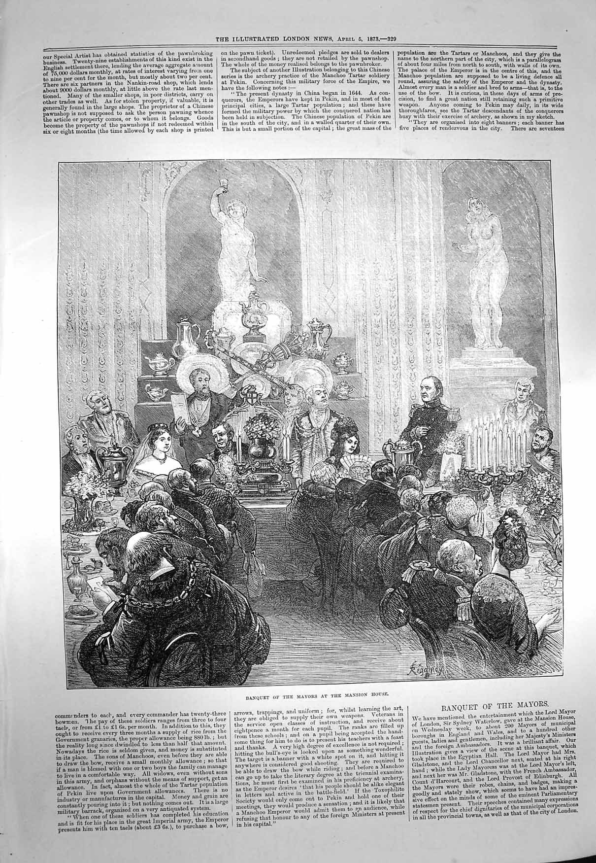 Original Old Antique Print 1873 Banquet Mayors Mansion House 19th