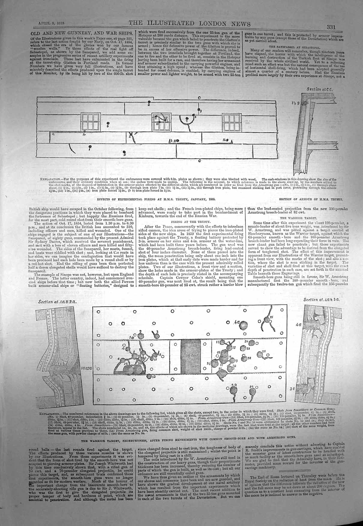 Old Antique Print 1873 Warrior Target Shoeburyness Ship Trusty Armstrong 19th