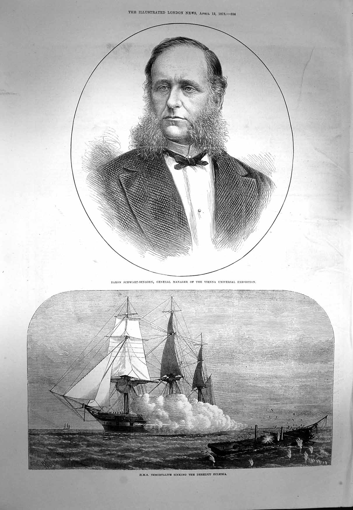 Original Old Antique Print 1873 Baron Schwarz-Senborn Ship Immortalite Zuleika