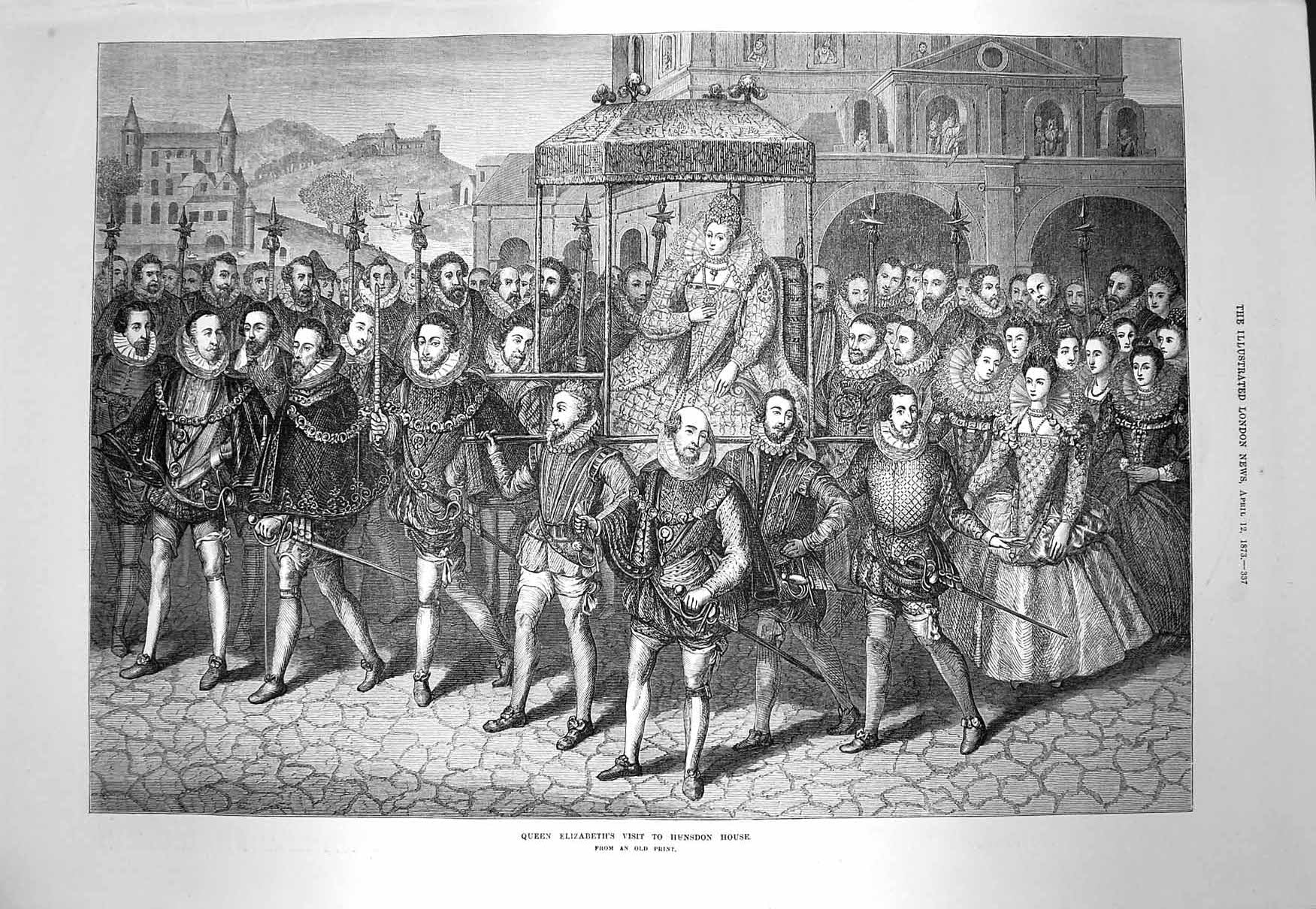 Original Old Antique Print 1873 Queen Elizabeth Visit Hunsdon House Guards 19th