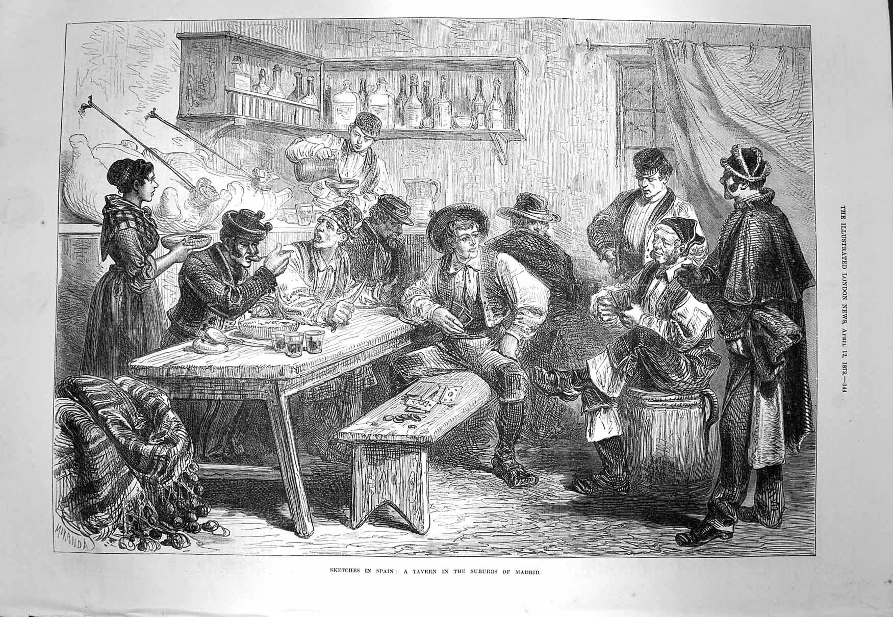 Original Old Antique Print 1873 Spain Tavern Suburbs Madrid Drinking Men Inn