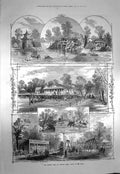 Original Old Antique Print 1873 Queen Victoria Park Boat House Bridge Swings