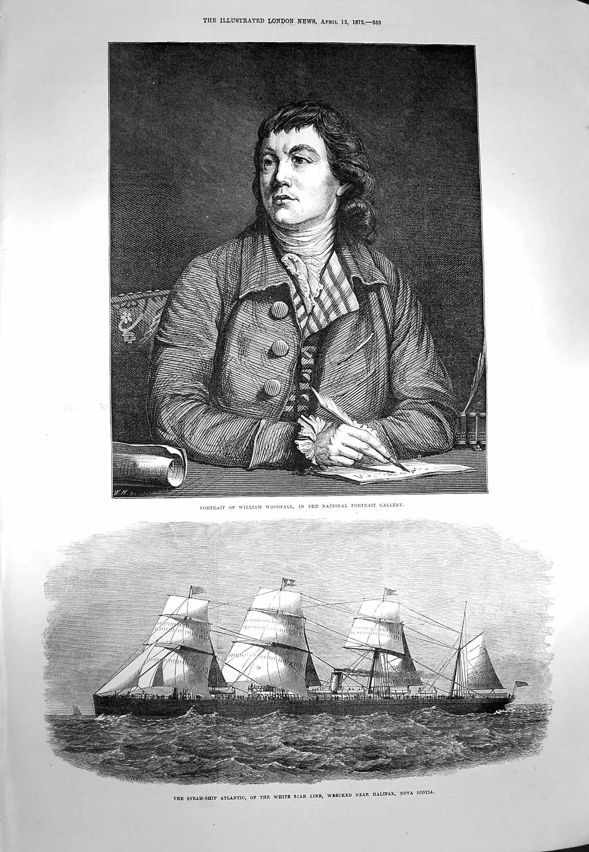 Old Antique Print 1873 William Woodfall Steam Ship Atlantic Nova Scotia 19th