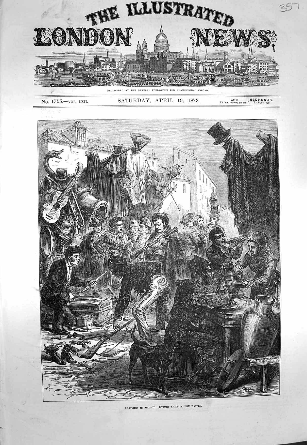 Original Old Antique Print 1873 Madrid Spain Buying Arms Rastro Weapons War