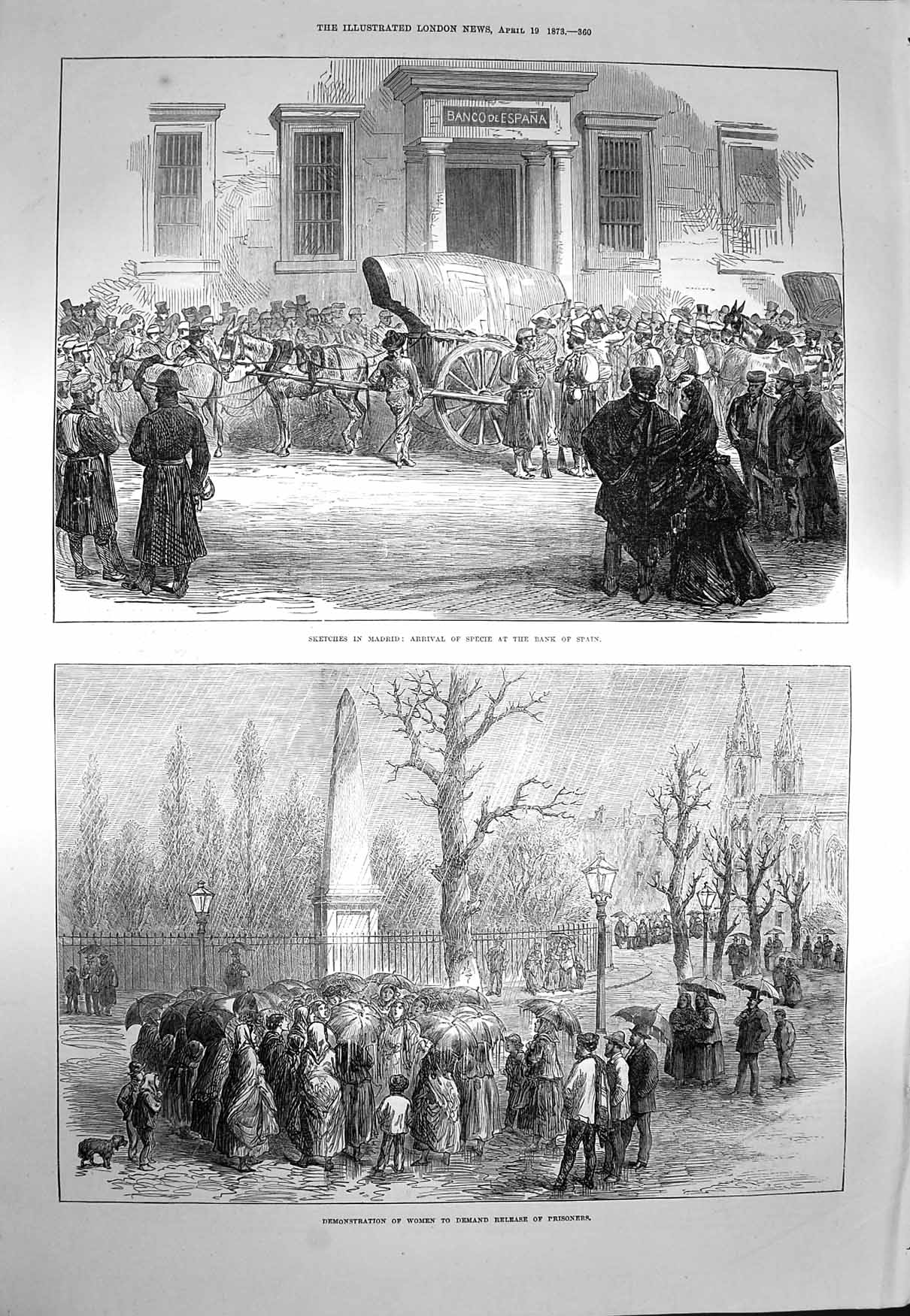 Old Antique Print 1873 Madrid Specie Bank Spain Women Demostration Prison 19th