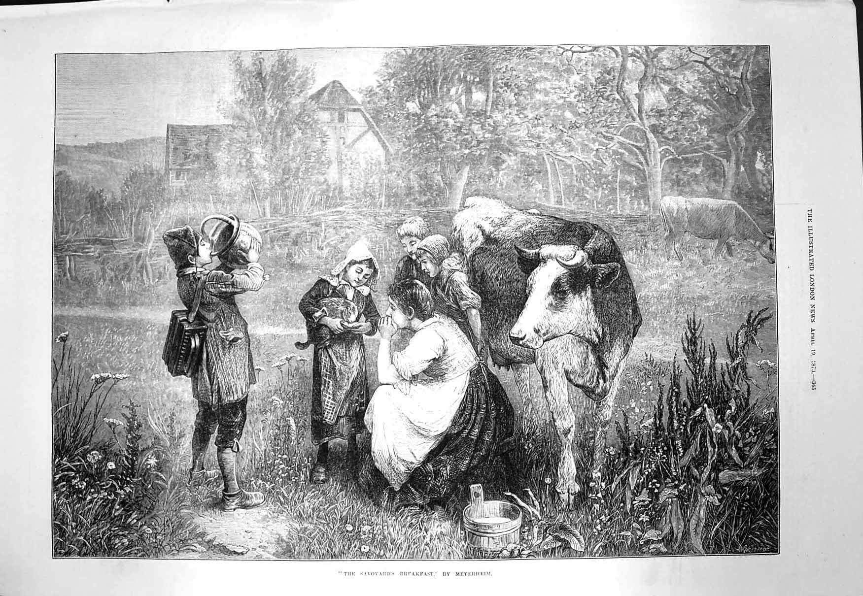 Original Old Antique Print 1873 Savoyard Breakfast Milk Cow Children Meyerheim