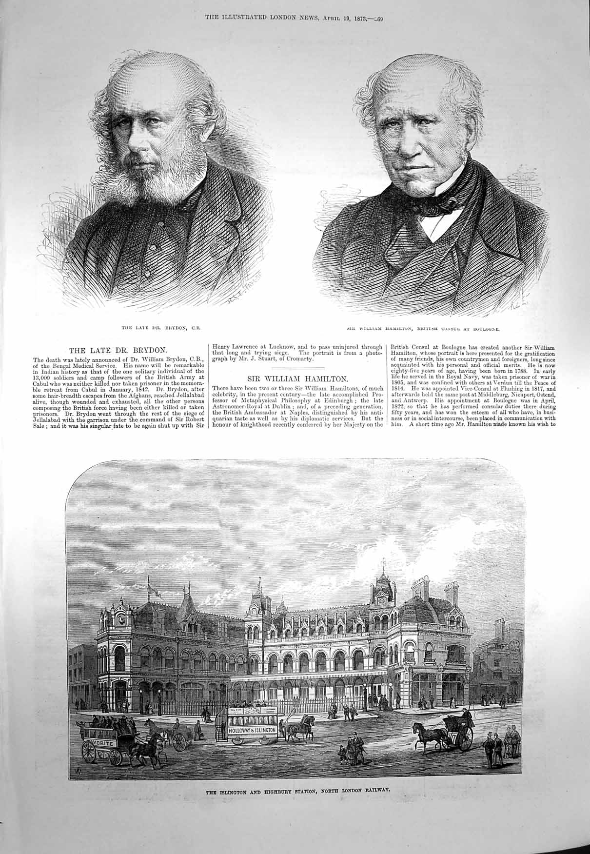 Old Antique Print 1873 Dr. Brydon Sir Hamilton Islington Railway Station 19th