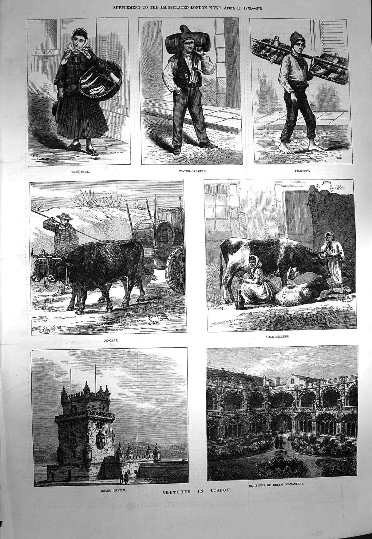 Old Antique Print 1873 Lisbon Portugal Belem Castle Monastery Milk Fish 19th