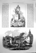 Original Old Antique Print 1873 Monument Jahn Berlin Swan Inn Chelsea Victorian