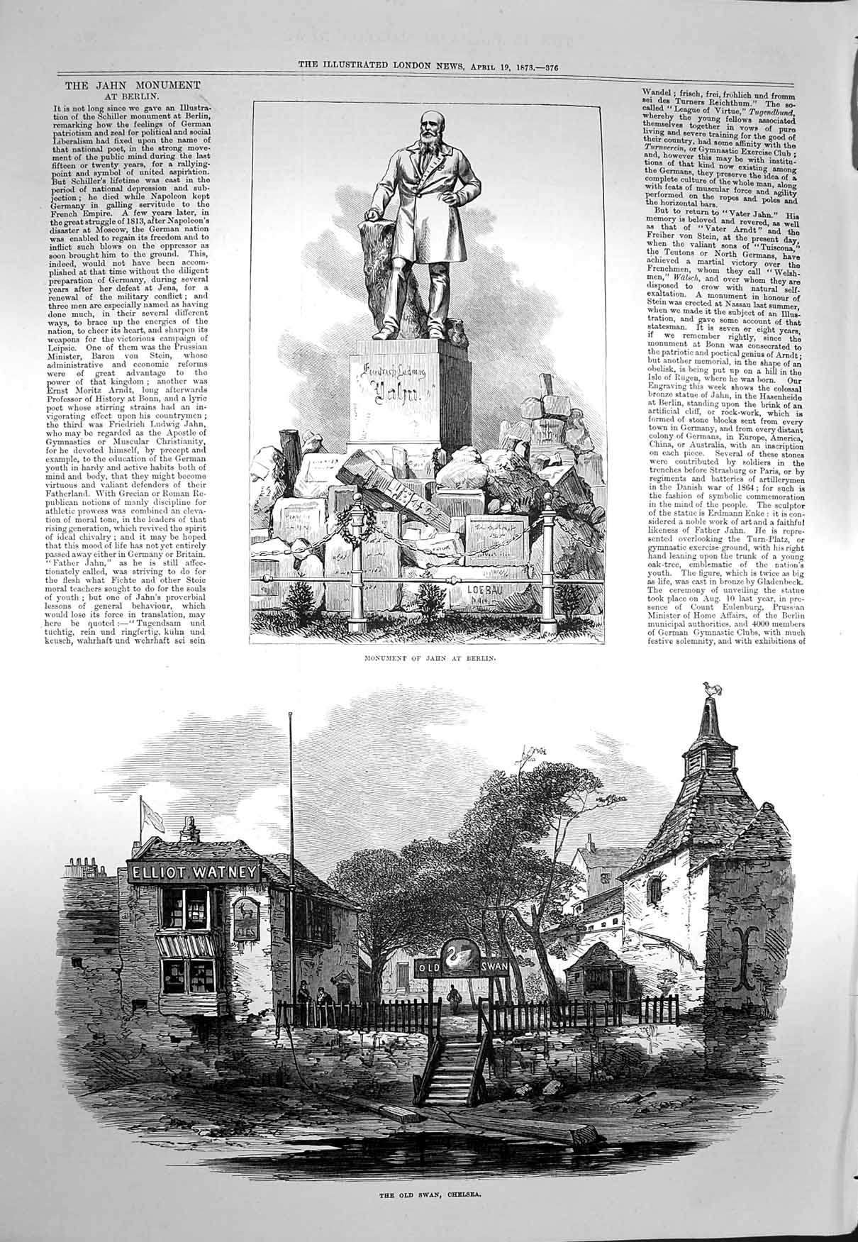 Original Old Antique Print 1873 Monument Jahn Berlin Swan Inn Chelsea Victorian