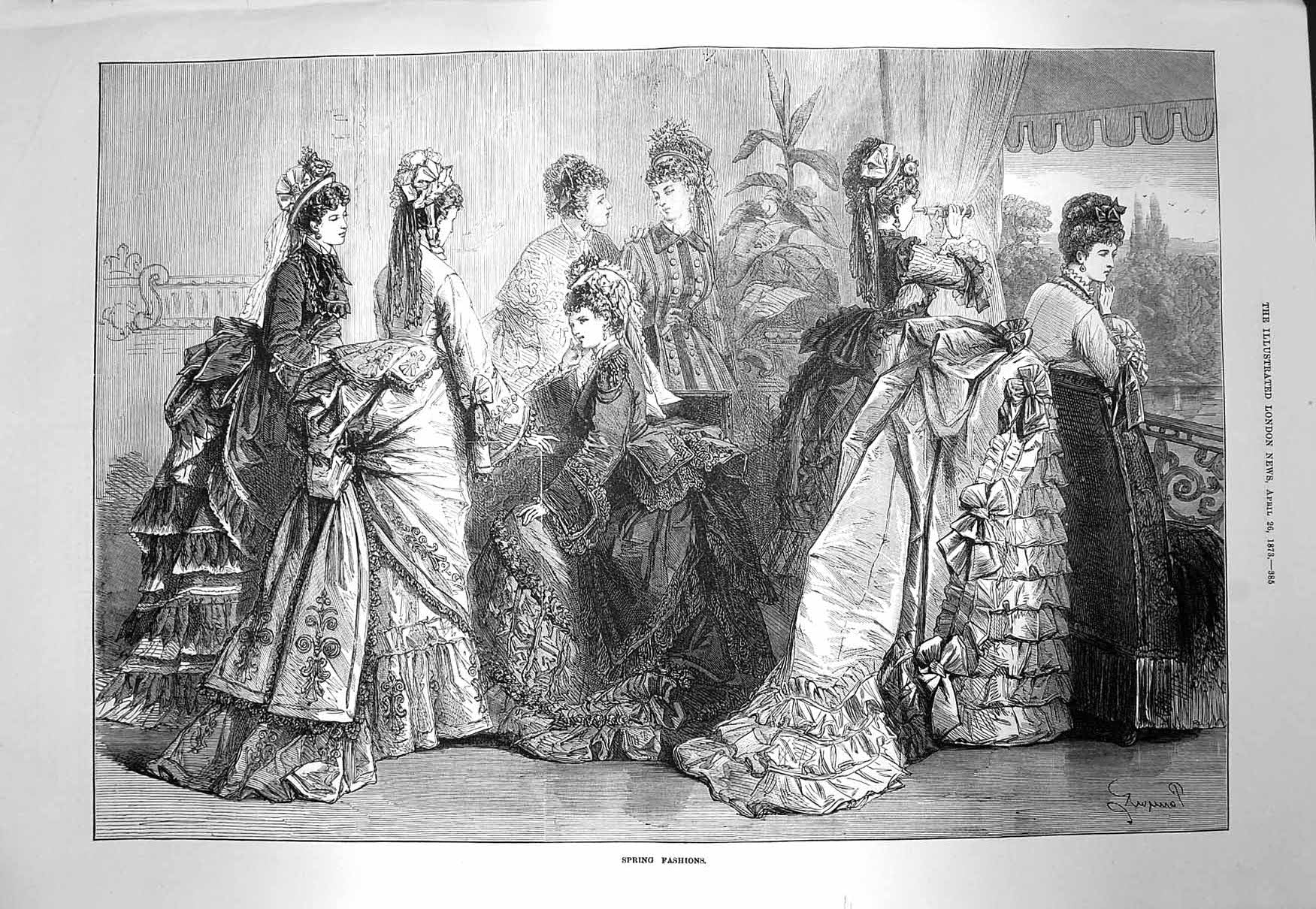 Original Old Antique Print 1873 Ladies Spring Fashion Womens Dresses Victorian