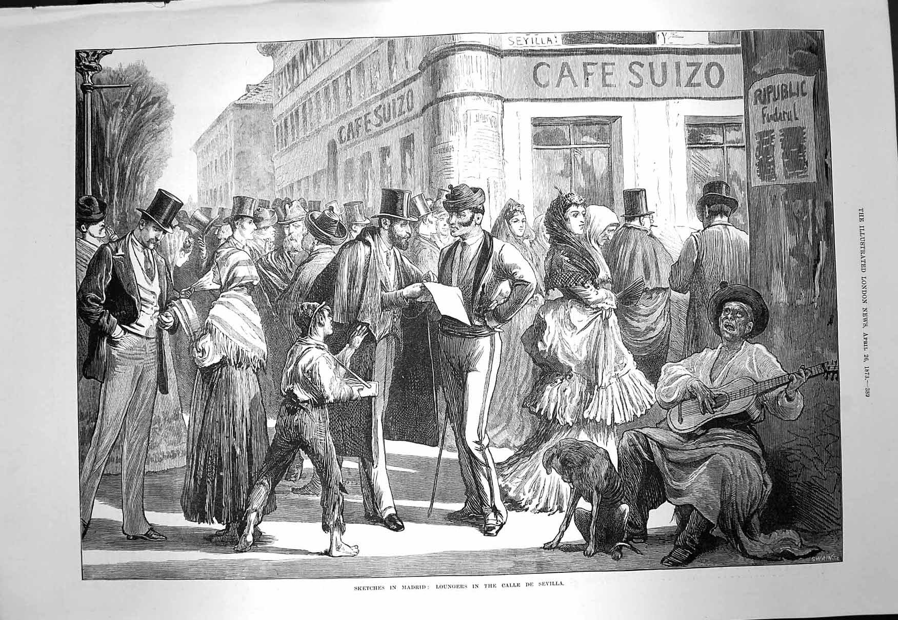 Original Old Antique Print 1873 Madrid Spain Loungers Calle Sevilla CafÇ Suizo