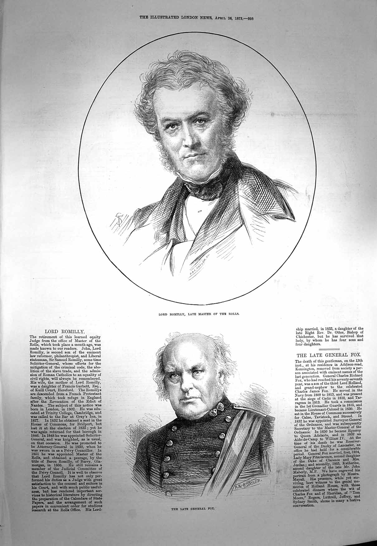 Original Old Antique Print 1873 Lord Romilly Master Rolls General Fox Portrait